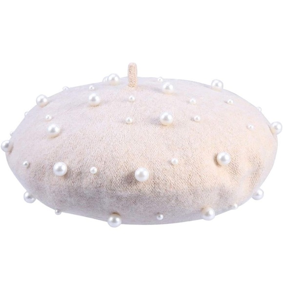 Cashmere Beret (Beaded) in Ivory or Black with White Simulated Pearls main image 10